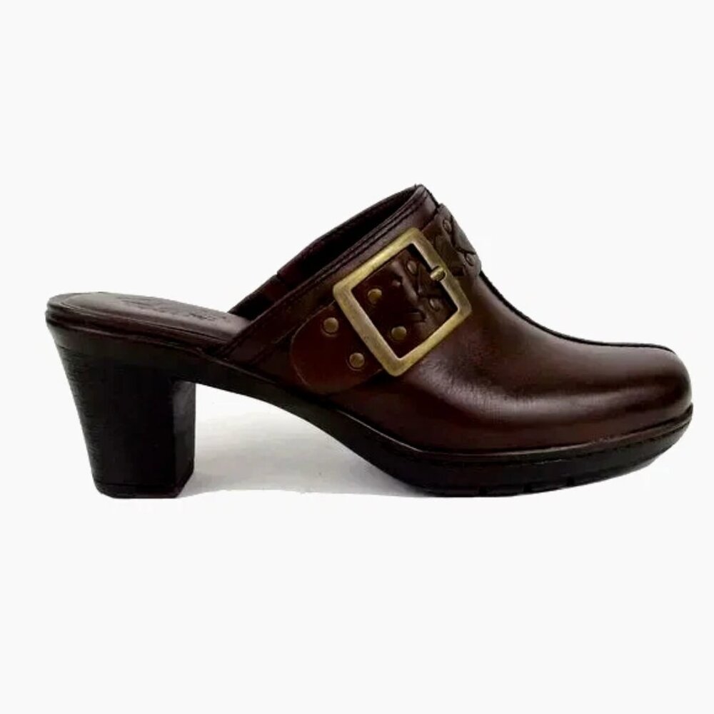 Clarks Bendables Mirabelle Holly Brown Leather Clogs Mule Buckle Comfort 7M